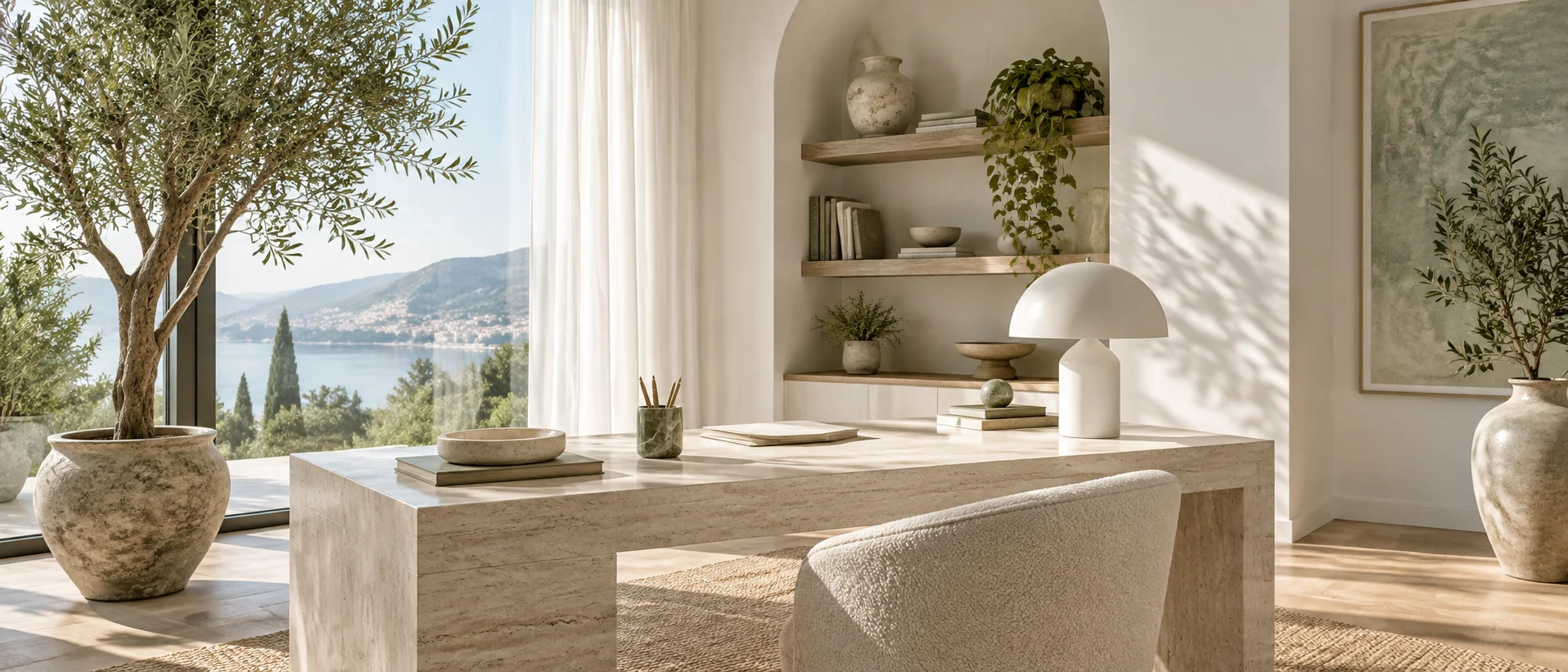 Lichtdurchfluteter Arbeitsraum mit Naturstein und heller Architektur
