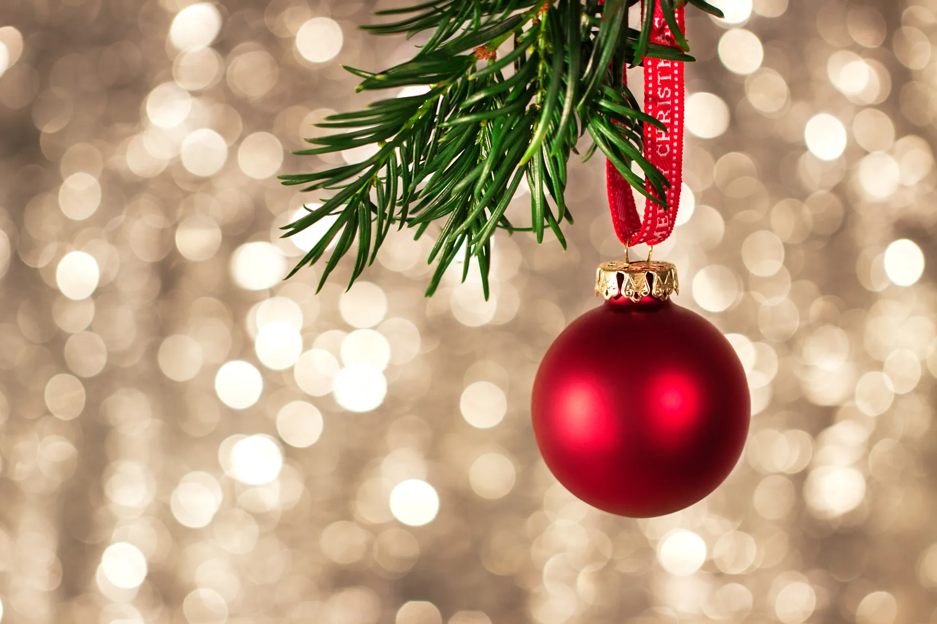 Rote Christbaumkugel an einem Tannenzweig vor goldenem Bokeh-Hintergrund